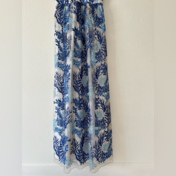 Nicole Miller White with Blue Floral Embroidered Sheer Overlay Maxi Dress - Picture 4 of 11